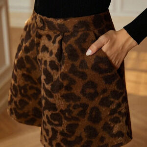 Coffee Brown Casual Women's Pleated Tweed Leopard Print Shorts With A-Line Hem